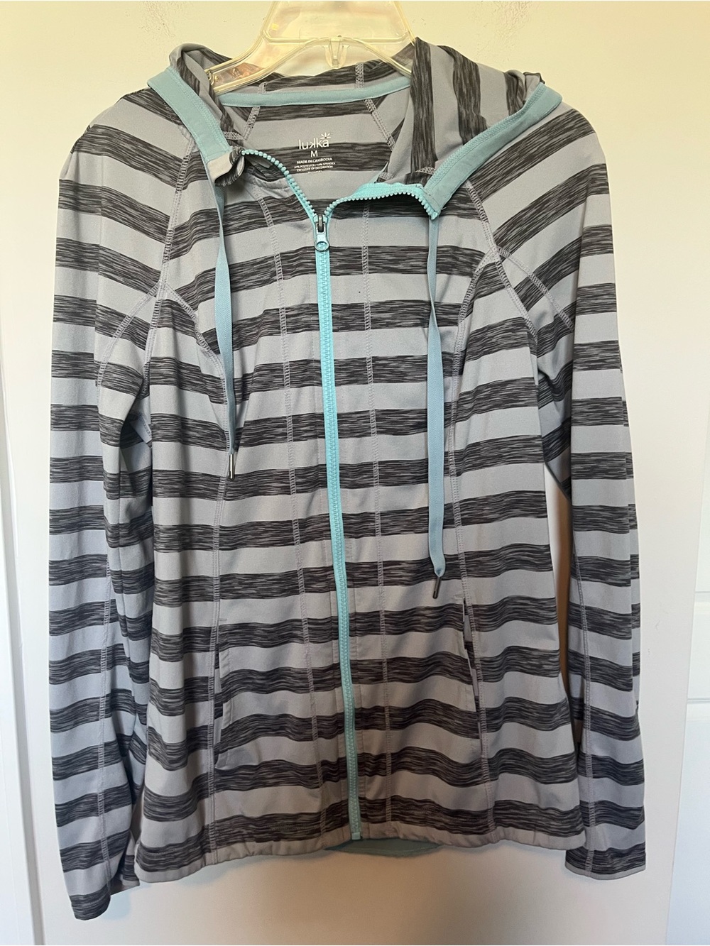 lukka Light Blue and Gray Striped Hooded Zip-Up Jacket